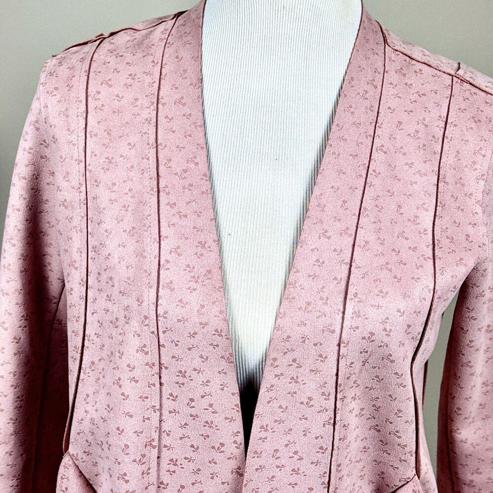 Embossed Faux Suede Tie Waist Jacket Blush Pink Raw Edge Bonded Scuba Wrap Coat - Picture 3 of 5